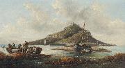 William Tomkins Coastal scene with islet and fishing folk painting